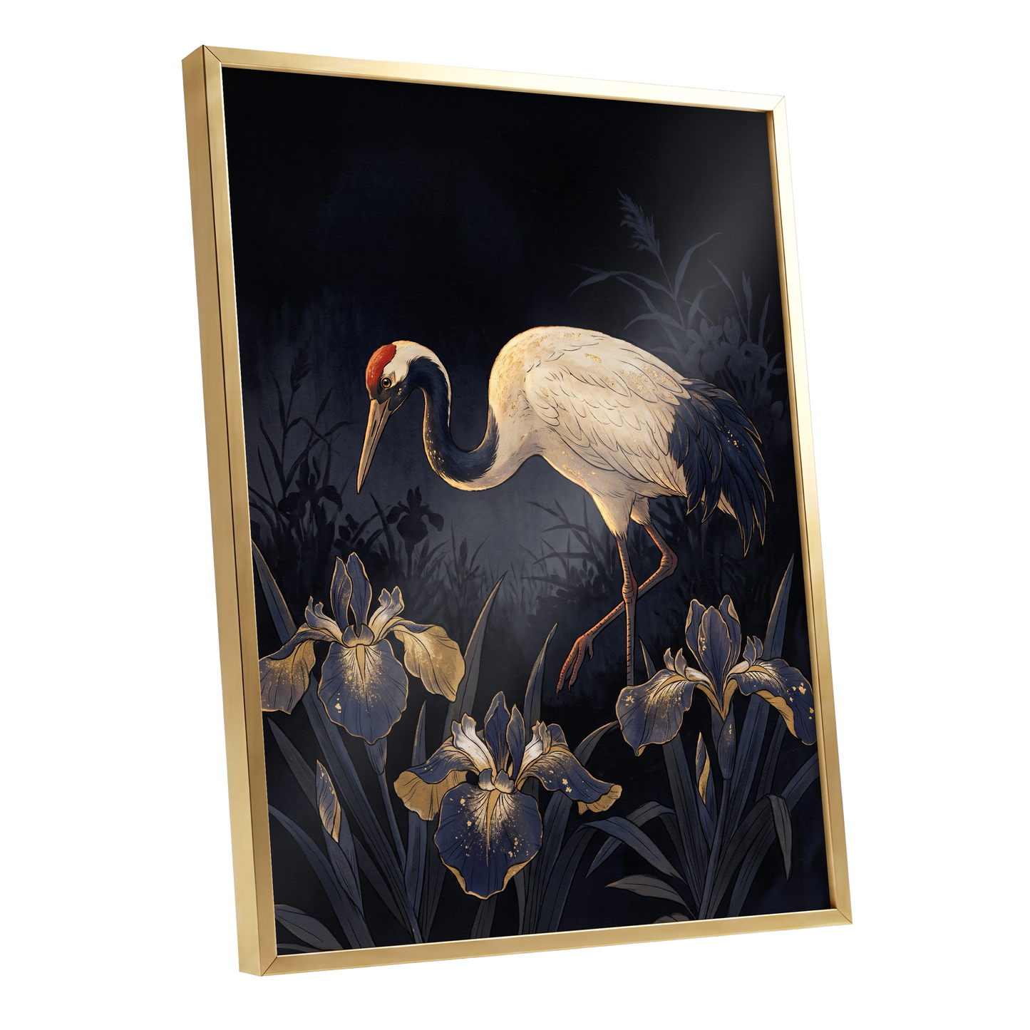 Midnight Crane and Irises, black, blue, beige nature wall art shown as a gold framed poster wall art print