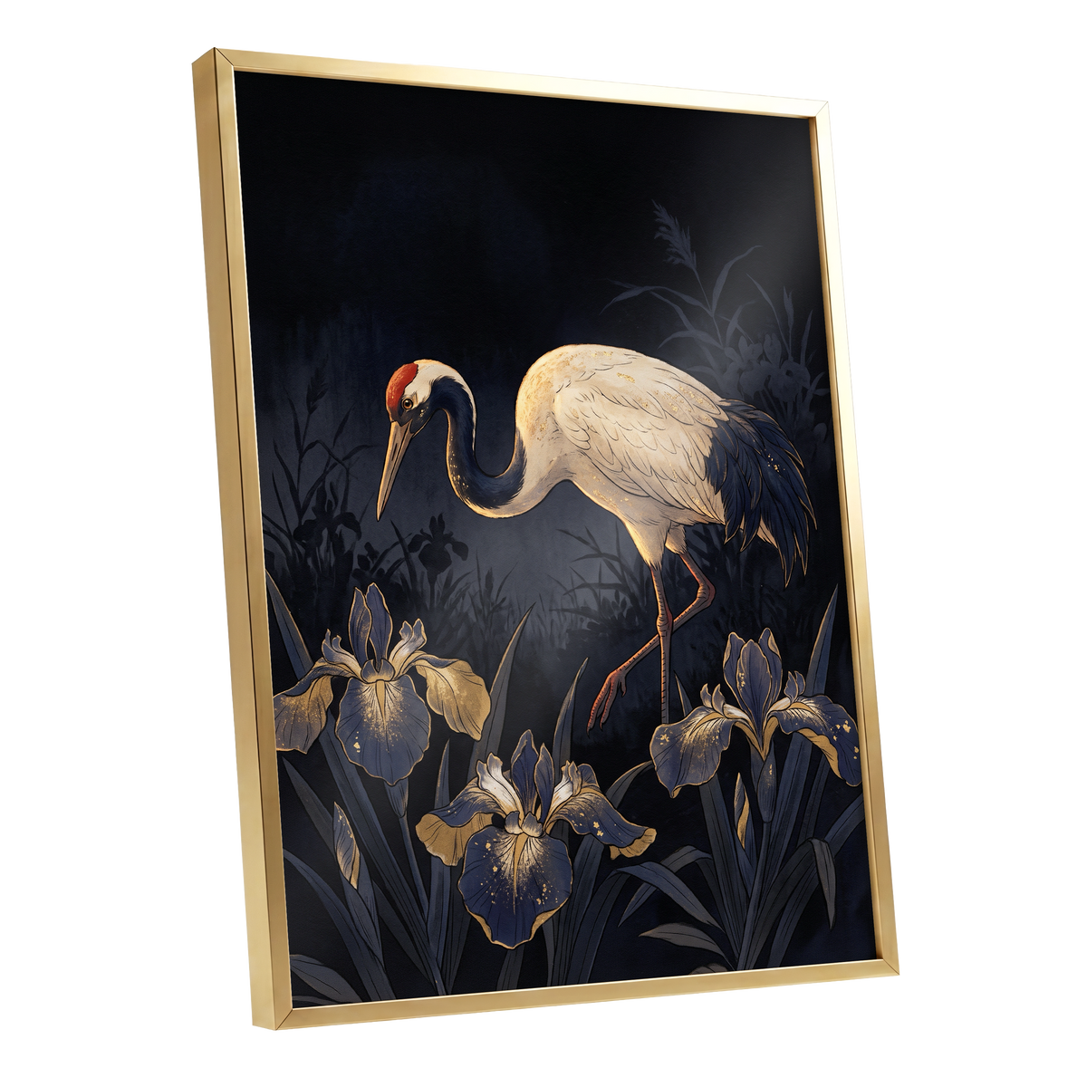 Midnight Crane and Irises, black, blue, beige nature wall art shown as a gold framed poster wall art print