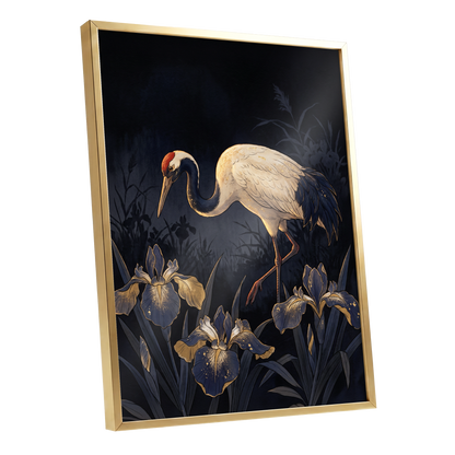 Midnight Crane and Irises, black, blue, beige nature wall art shown as a gold framed poster wall art print