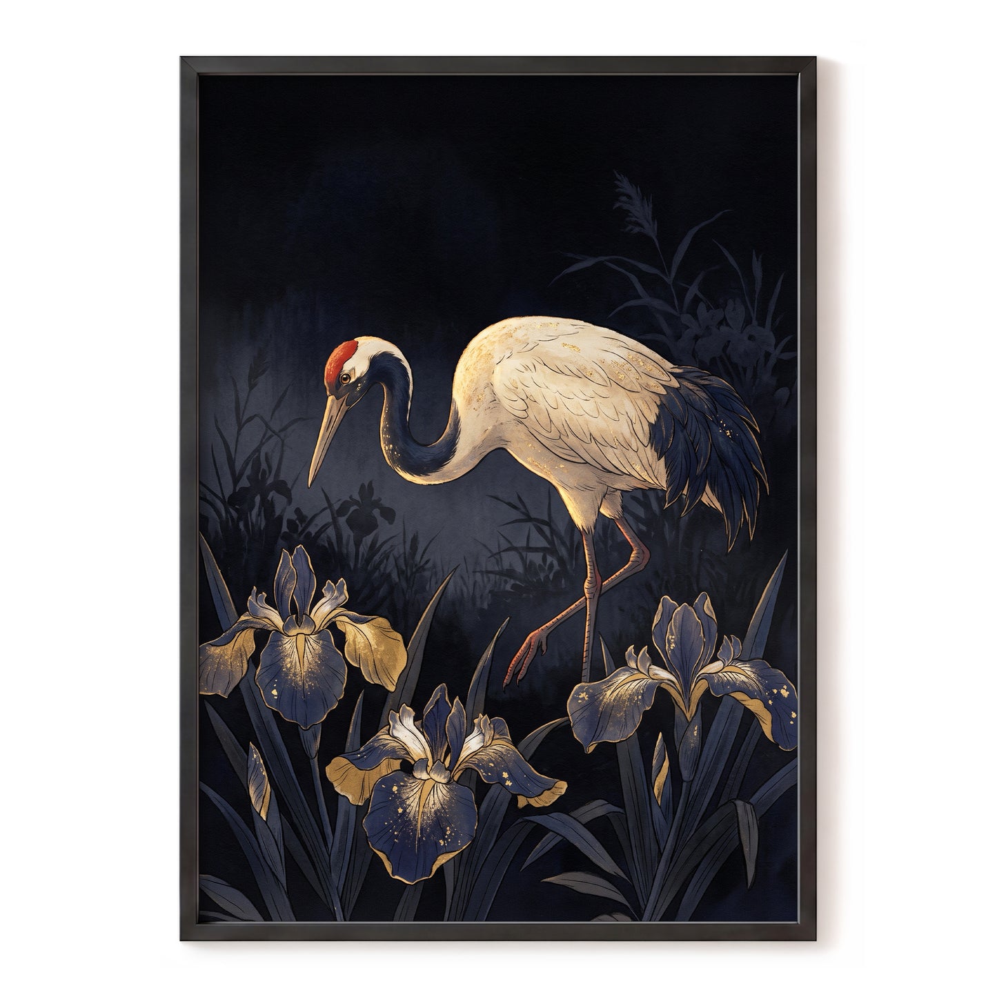 Midnight Crane and Irises, black, blue, beige nature wall art, front artwork view