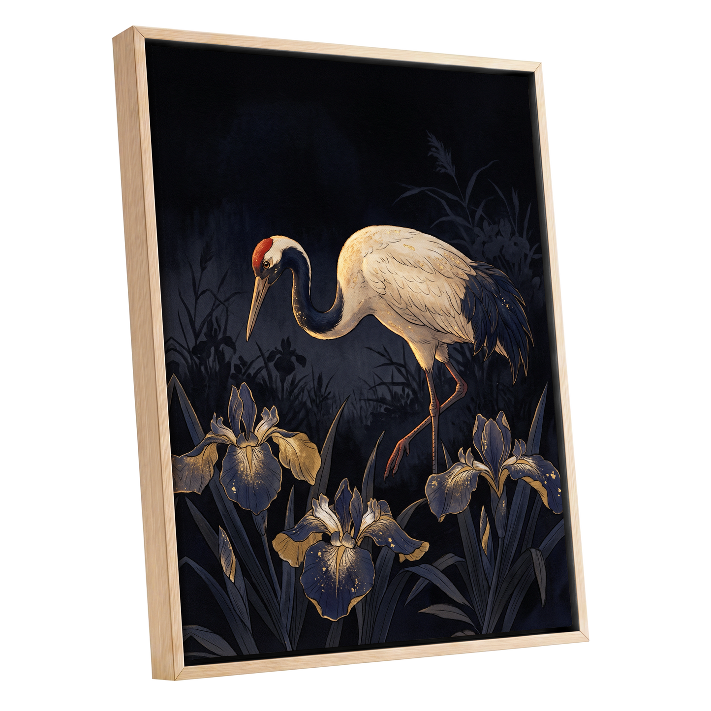 Midnight Crane and Irises, black, blue, beige nature wall art shown as a oak framed canvas wall art
