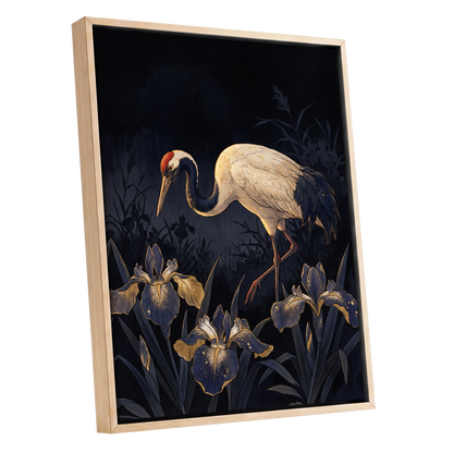 Midnight Crane and Irises, black, blue, beige nature wall art shown as a oak framed canvas wall art
