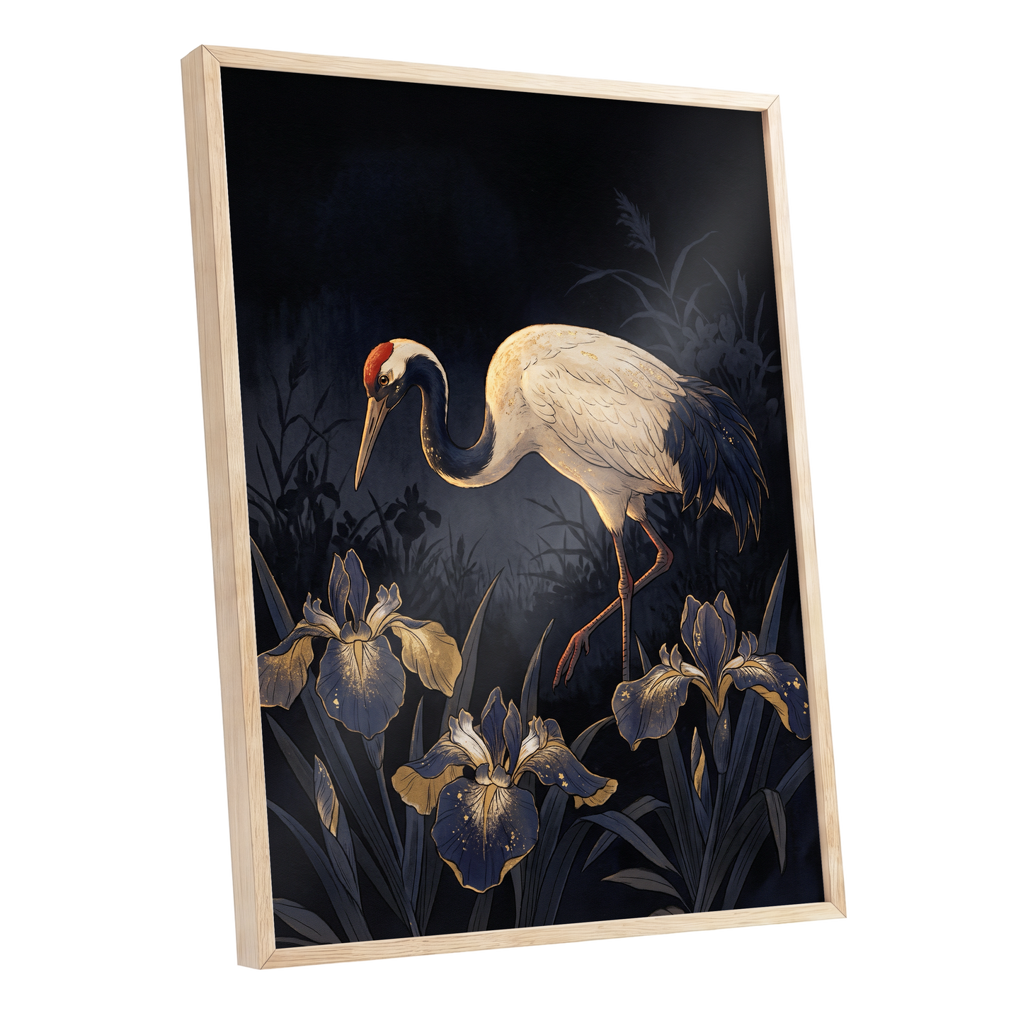 Midnight Crane and Irises, black, blue, beige nature wall art shown as a oak framed poster wall art print