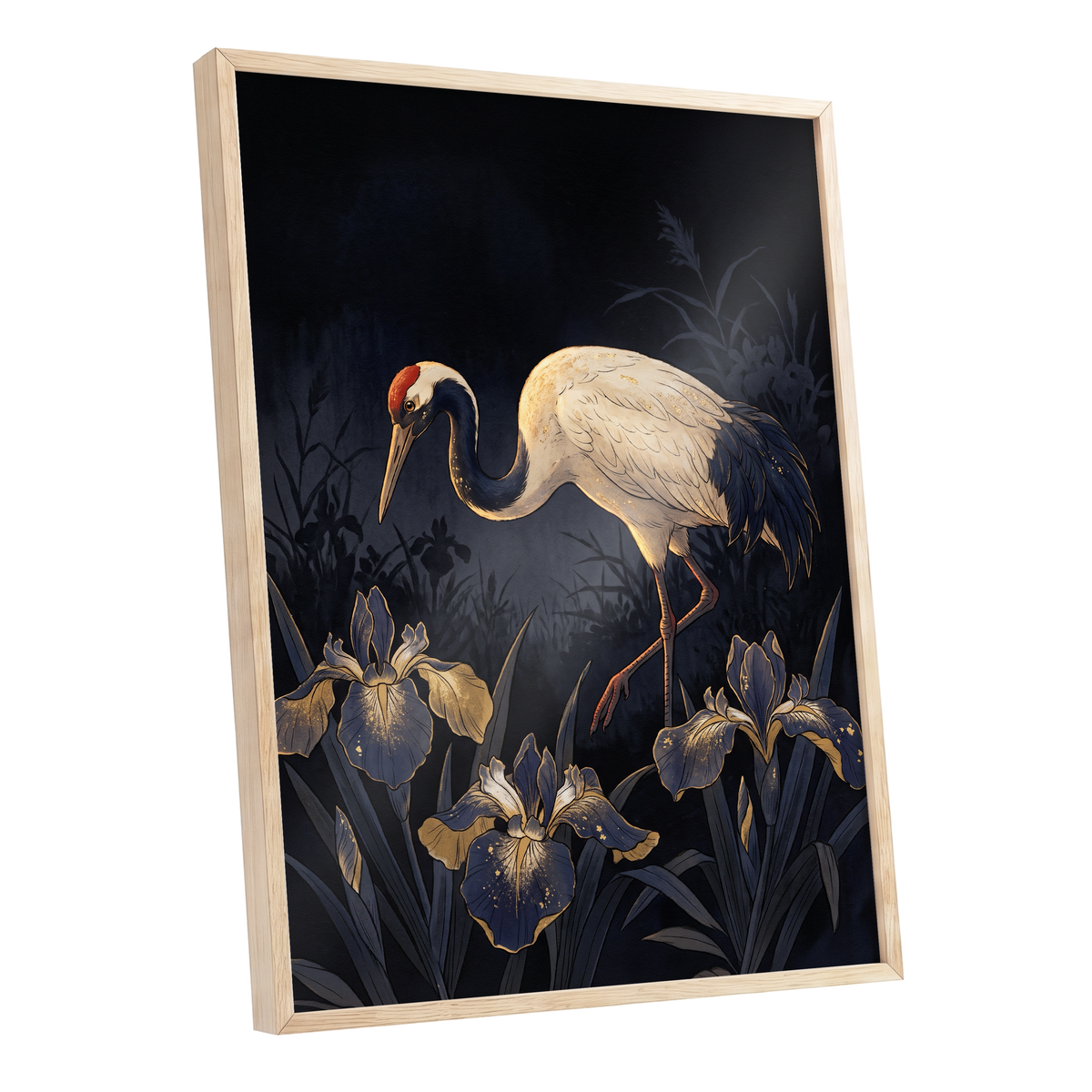 Midnight Crane and Irises, black, blue, beige nature wall art shown as a oak framed poster wall art print