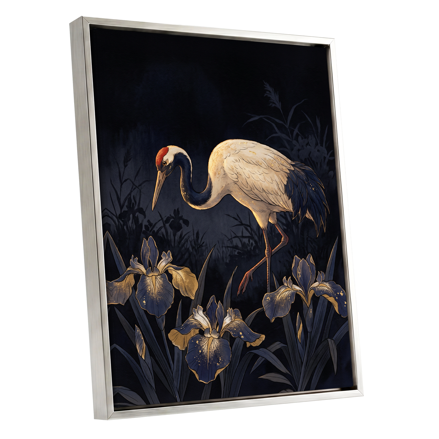 Midnight Crane and Irises, black, blue, beige nature wall art shown as a silver framed canvas wall art