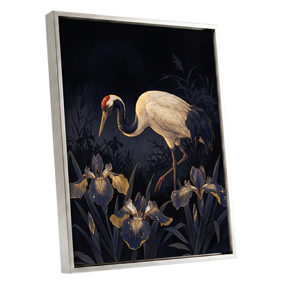 Midnight Crane and Irises, black, blue, beige nature wall art shown as a silver framed canvas wall art
