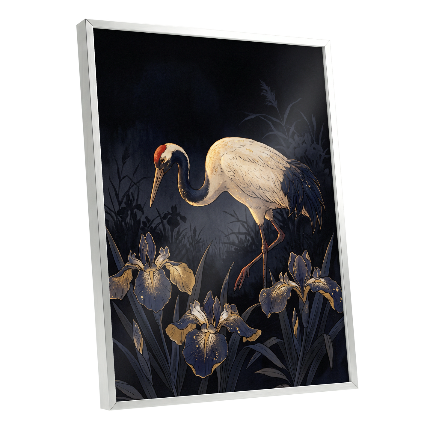 Midnight Crane and Irises, black, blue, beige nature wall art shown as a silver framed poster wall art print
