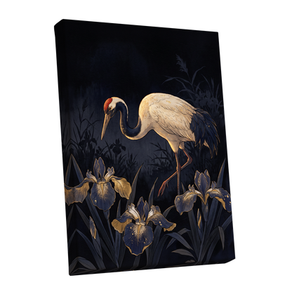 Midnight Crane and Irises, black, blue, beige nature wall art shown as a stretched canvas wall art