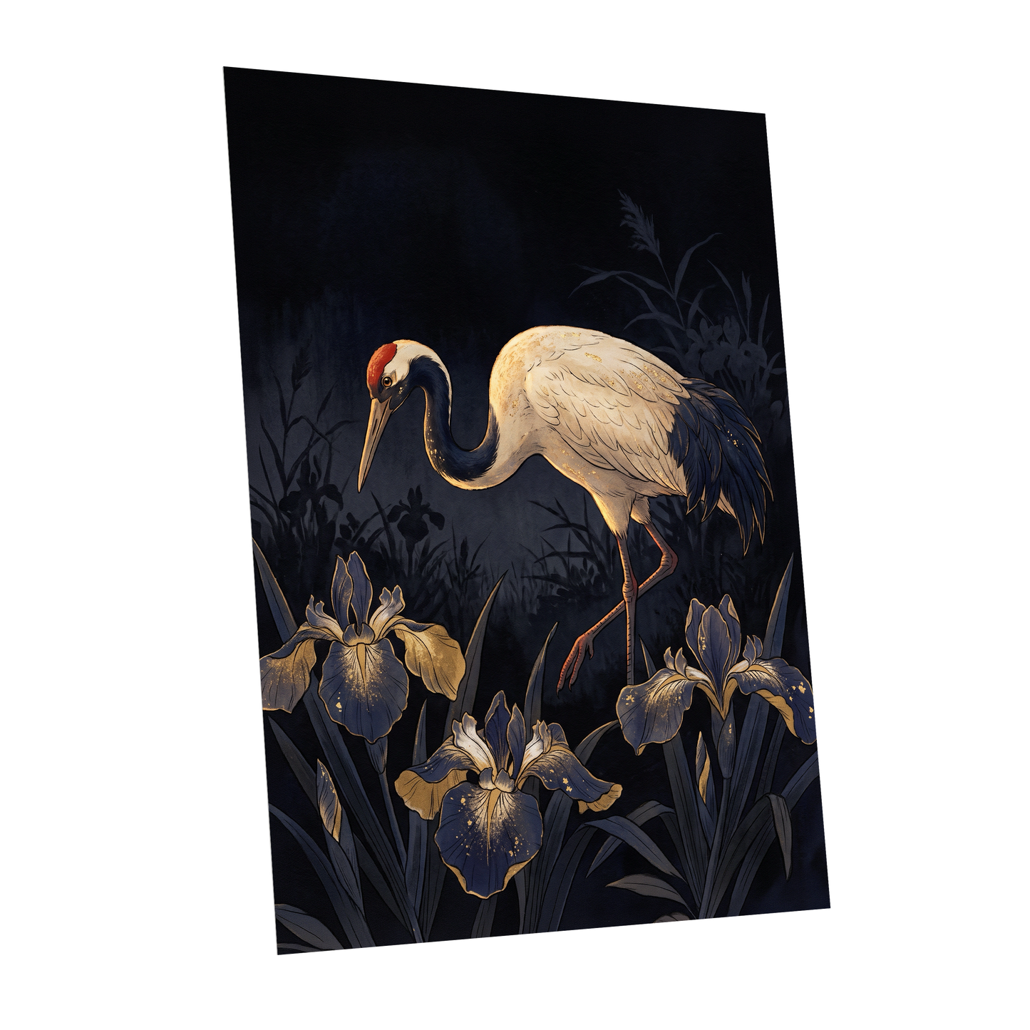 Midnight Crane and Irises, black, blue, beige nature wall art shown as a unframed poster wall art print