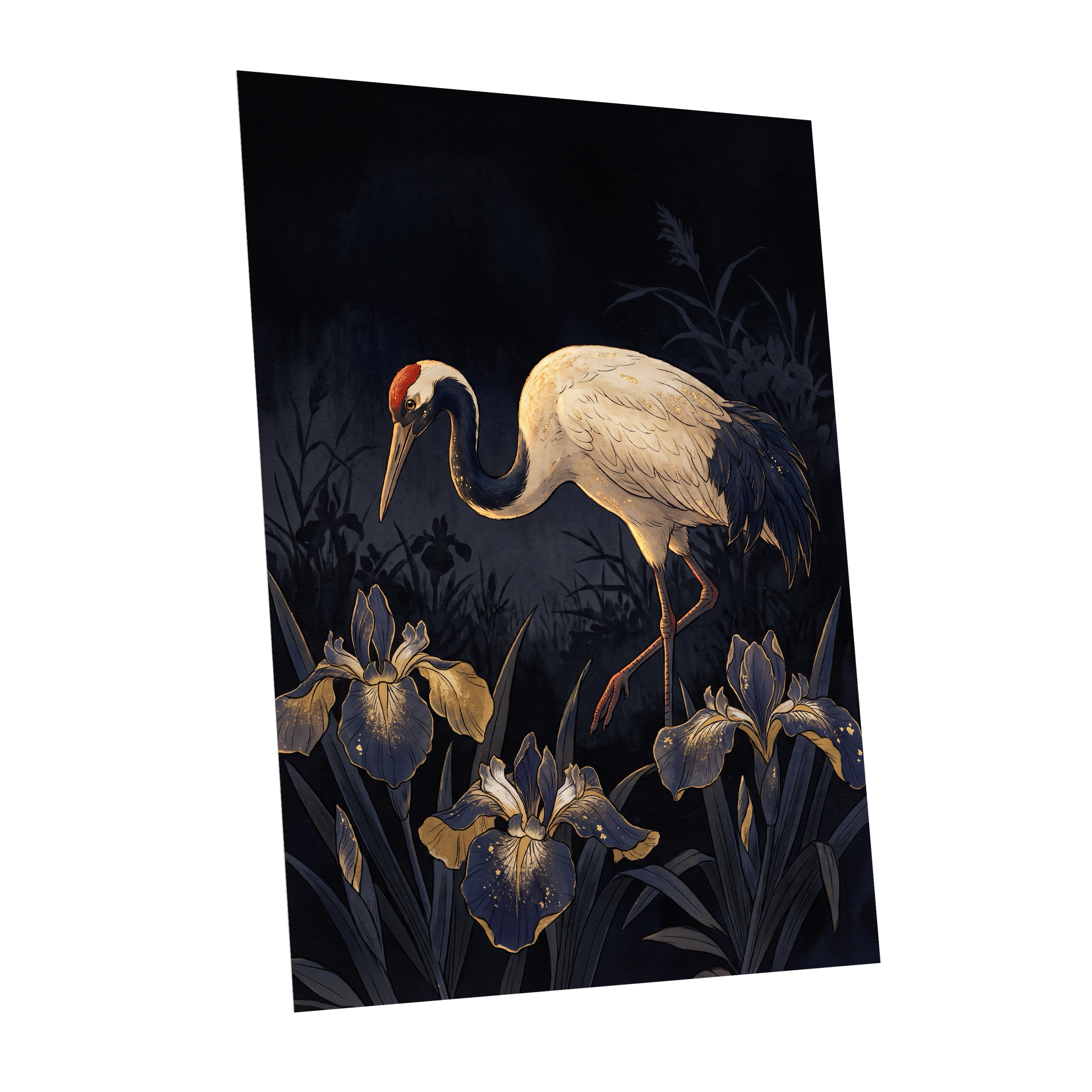 Midnight Crane and Irises, black, blue, beige nature wall art shown as a unframed poster wall art print