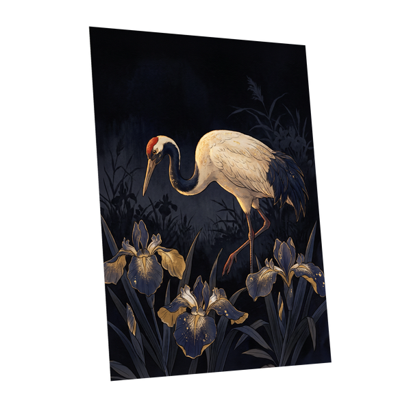 Midnight Crane and Irises, black, blue, beige nature wall art shown as a unframed poster wall art print