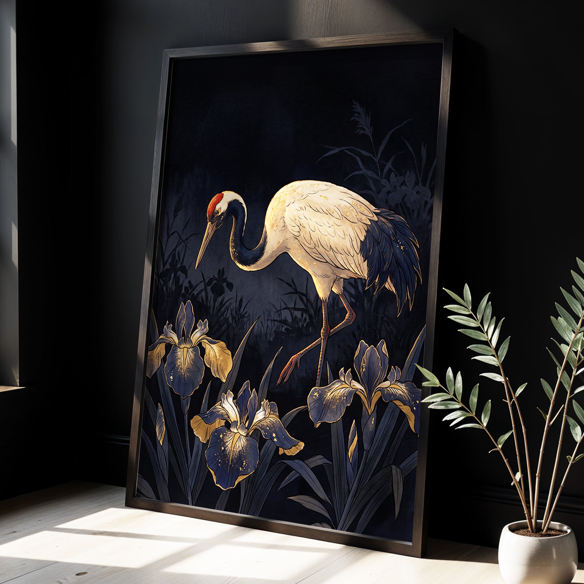 Midnight Crane and Irises, black, blue, beige nature wall art displayed in a styled interior, gallery view 2