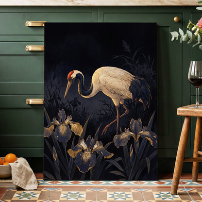 Midnight Crane and Irises, black, blue, beige nature wall art displayed in a styled interior, gallery view 3