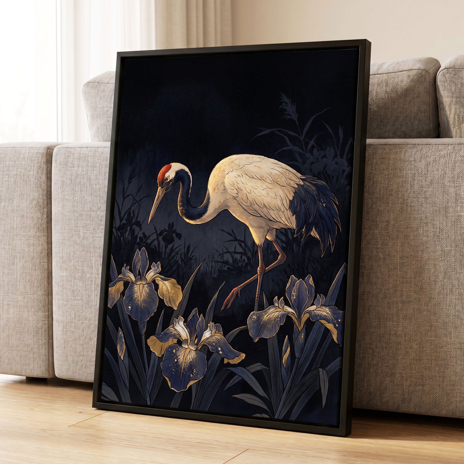 Midnight Crane and Irises, black, blue, beige nature wall art displayed in a styled interior, gallery view 4