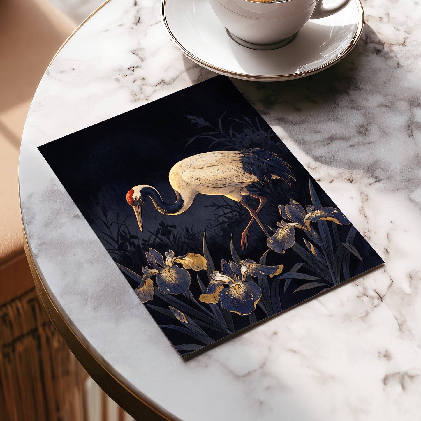 Midnight Crane and Irises, black, blue, beige nature wall art displayed in a styled interior, gallery view 5