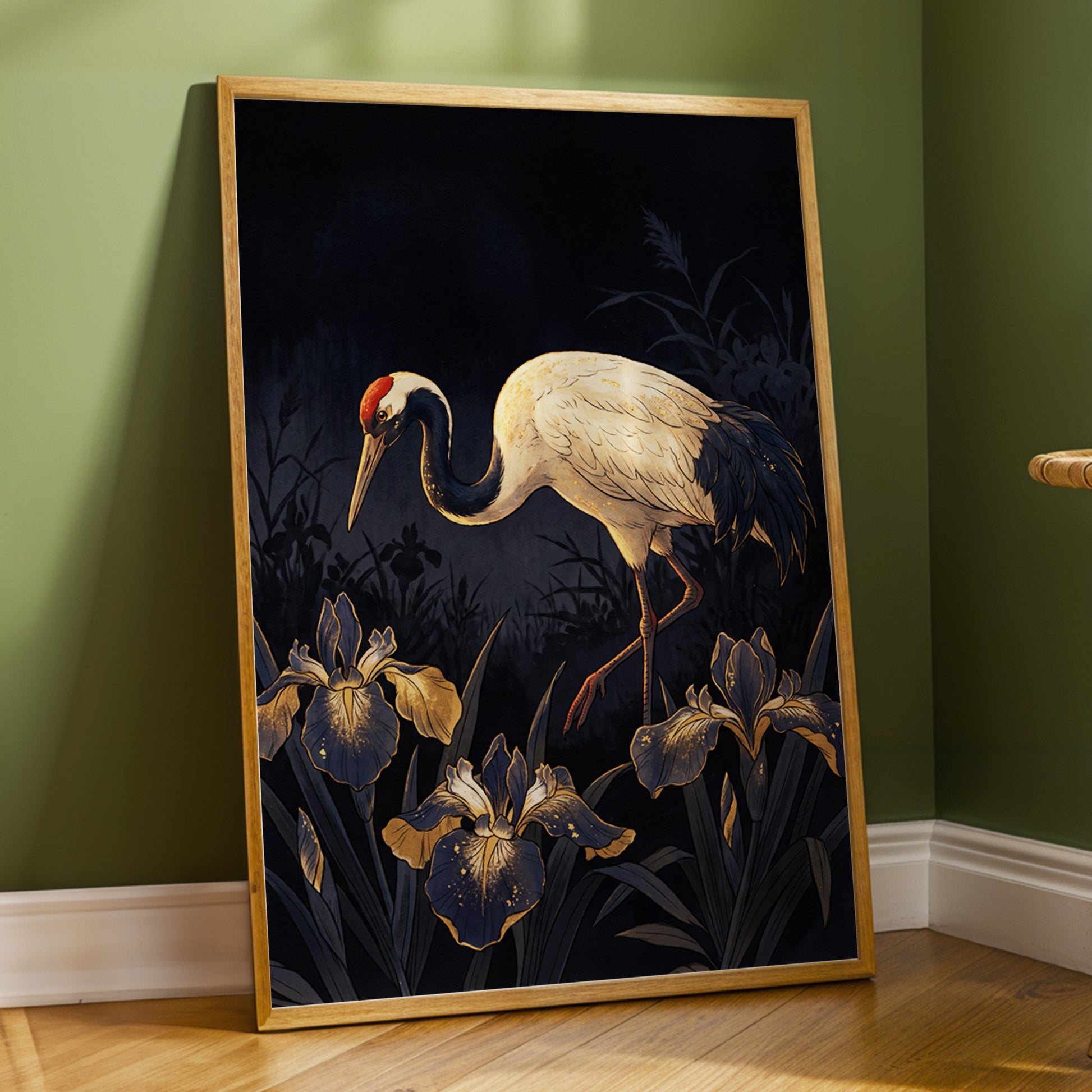 Midnight Crane and Irises, black, blue, beige nature wall art displayed in a styled interior, gallery view 6