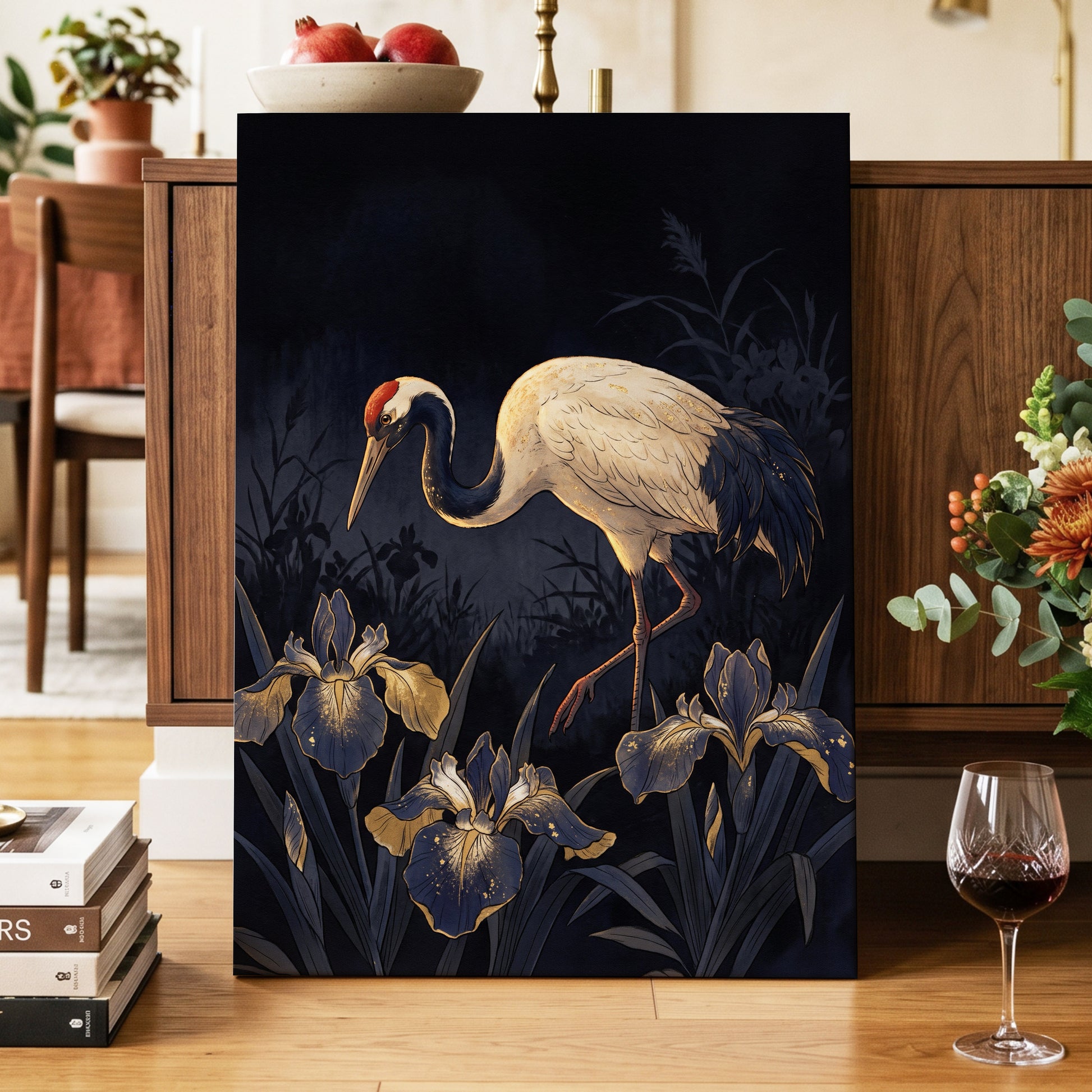 Midnight Crane and Irises, black, blue, beige nature wall art displayed in a styled interior, gallery view 7
