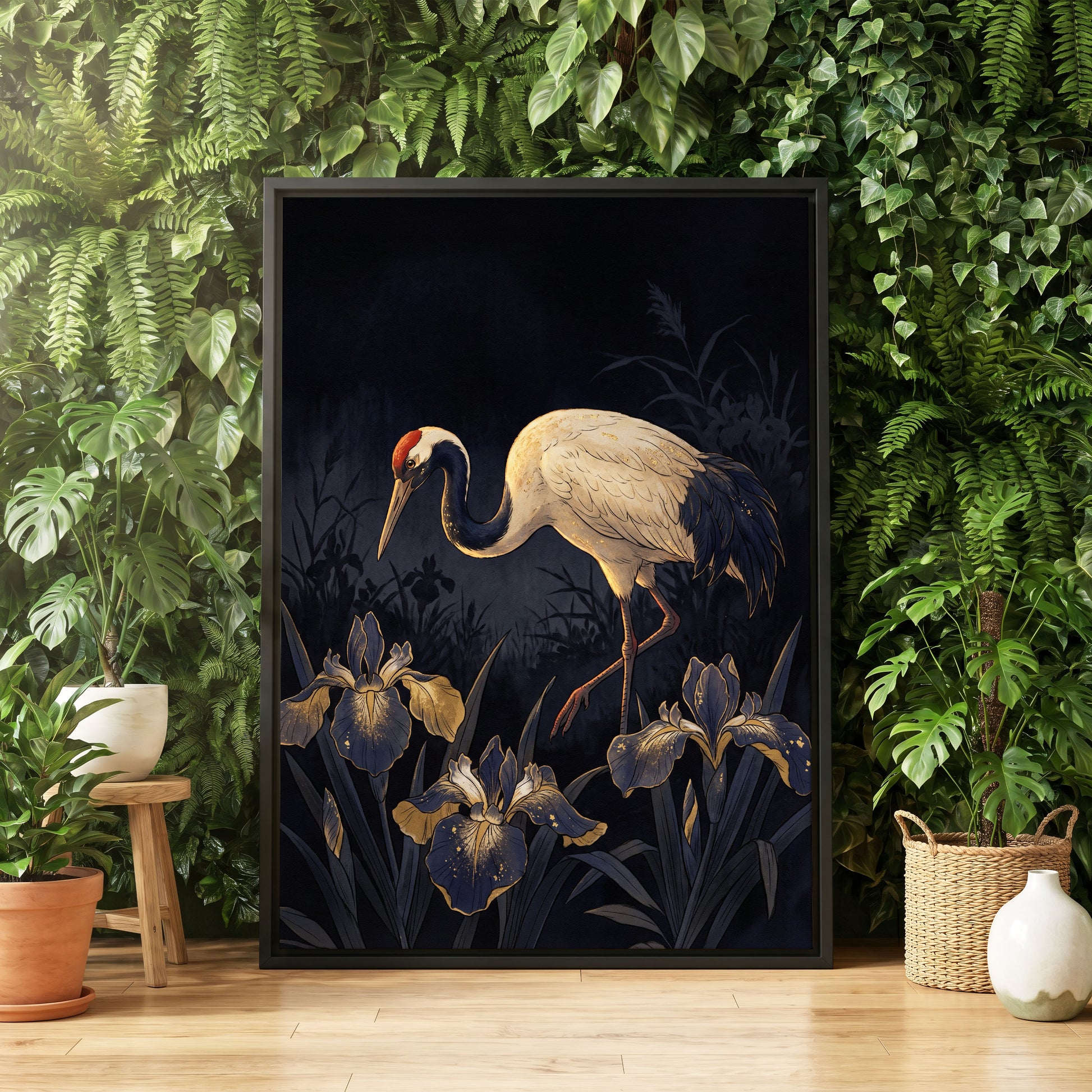Midnight Crane and Irises, black, blue, beige nature wall art displayed in a styled interior, gallery view 8