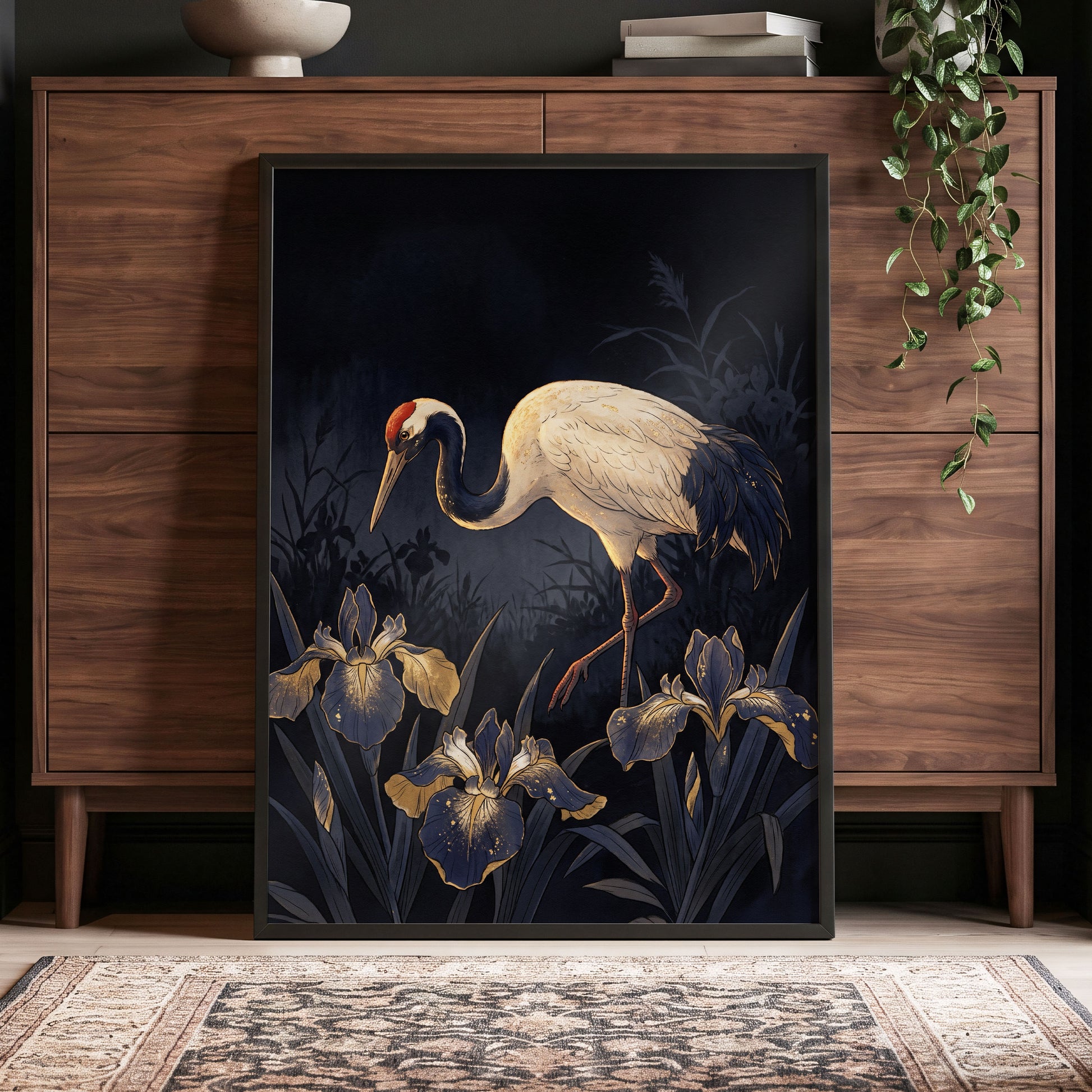 Midnight Crane and Irises, black, blue, beige nature wall art displayed in a styled interior, gallery view 9