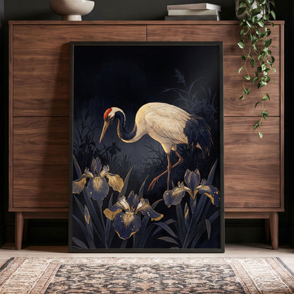 Midnight Crane and Irises, black, blue, beige nature wall art displayed in a styled interior, gallery view 9