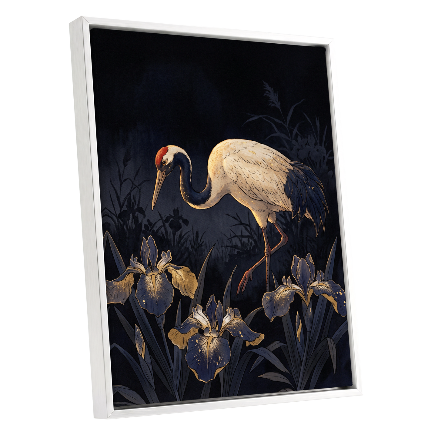 Midnight Crane and Irises, black, blue, beige nature wall art shown as a white framed canvas wall art