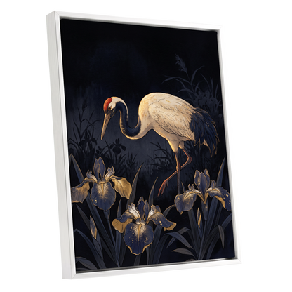 Midnight Crane and Irises, black, blue, beige nature wall art shown as a white framed canvas wall art
