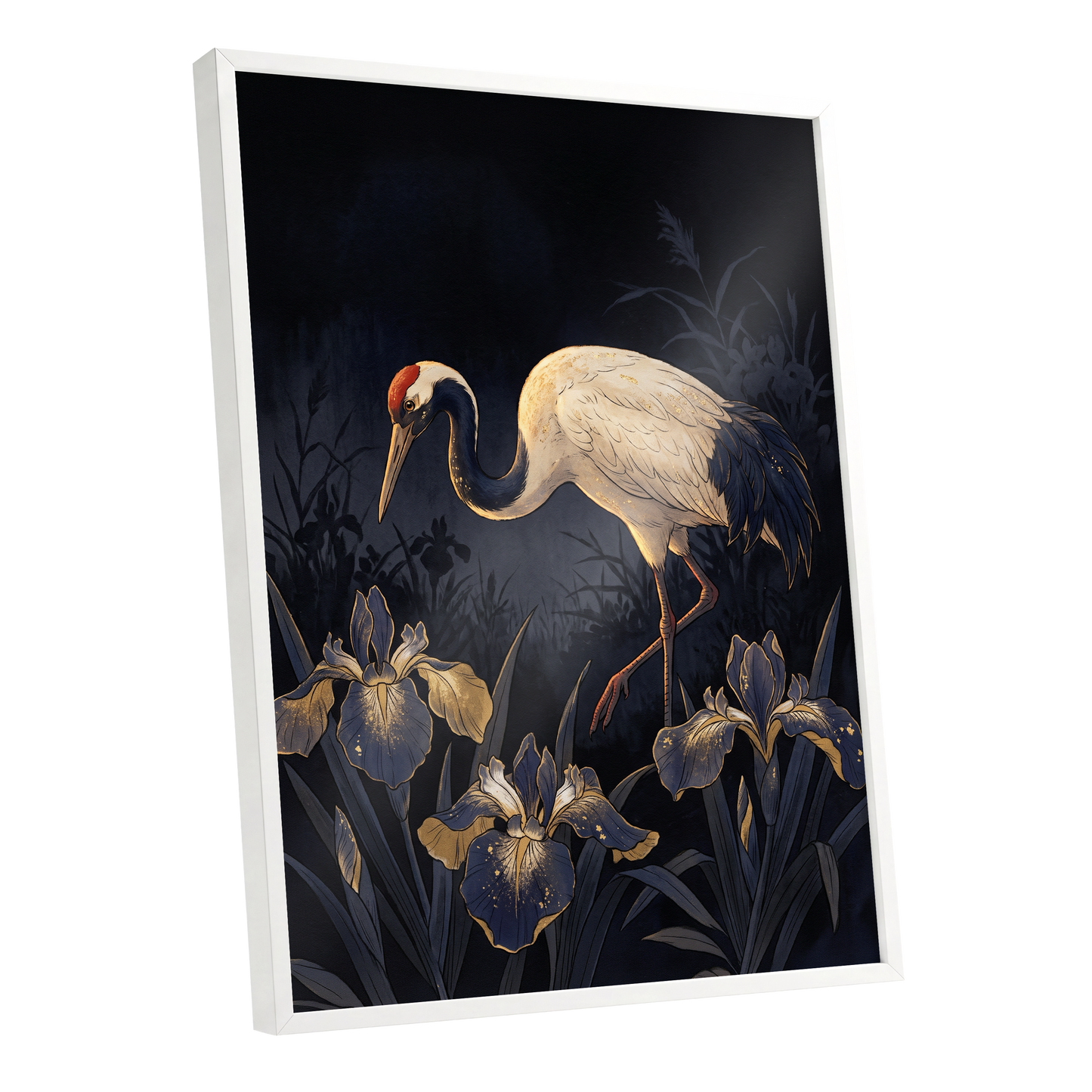 Midnight Crane and Irises, black, blue, beige nature wall art shown as a white framed poster wall art print