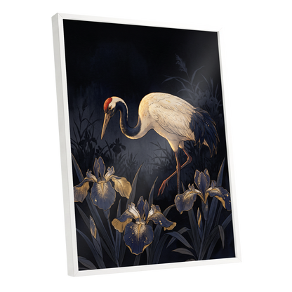 Midnight Crane and Irises, black, blue, beige nature wall art shown as a white framed poster wall art print