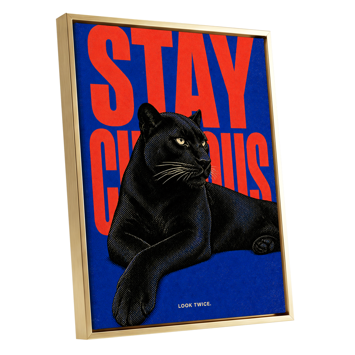 Midnight Curiosity, black, blue, orange nature wall art shown as a gold framed canvas wall art