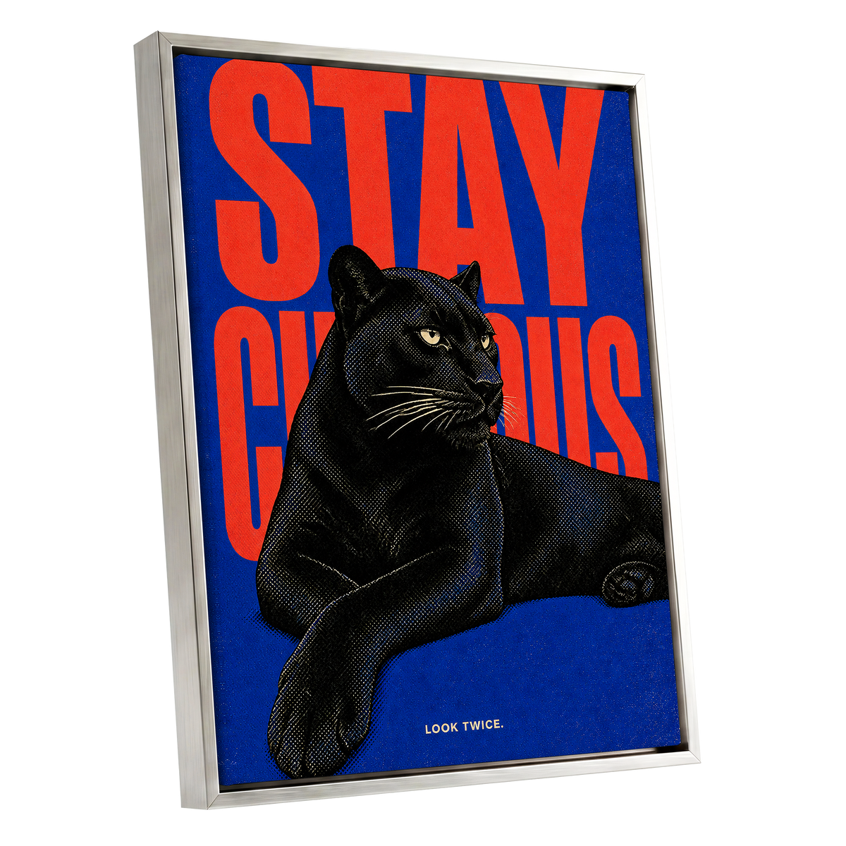 Midnight Curiosity, black, blue, orange nature wall art shown as a silver framed canvas wall art