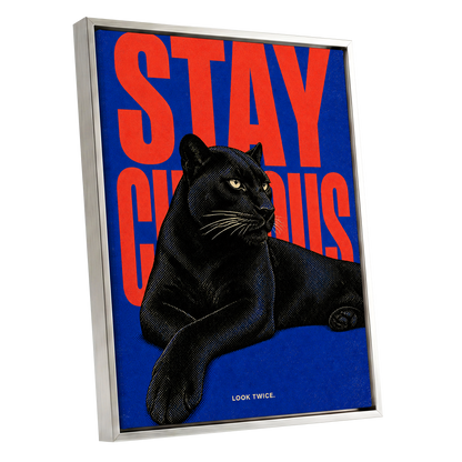 Midnight Curiosity, black, blue, orange nature wall art shown as a silver framed canvas wall art