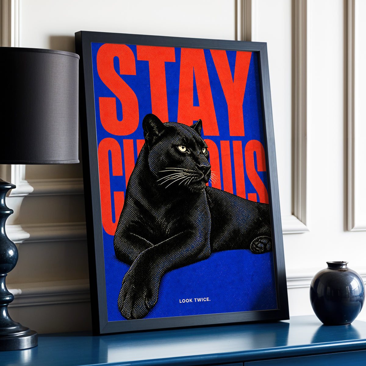 Midnight Curiosity, black, blue, orange nature wall art displayed in a styled interior, gallery view 2