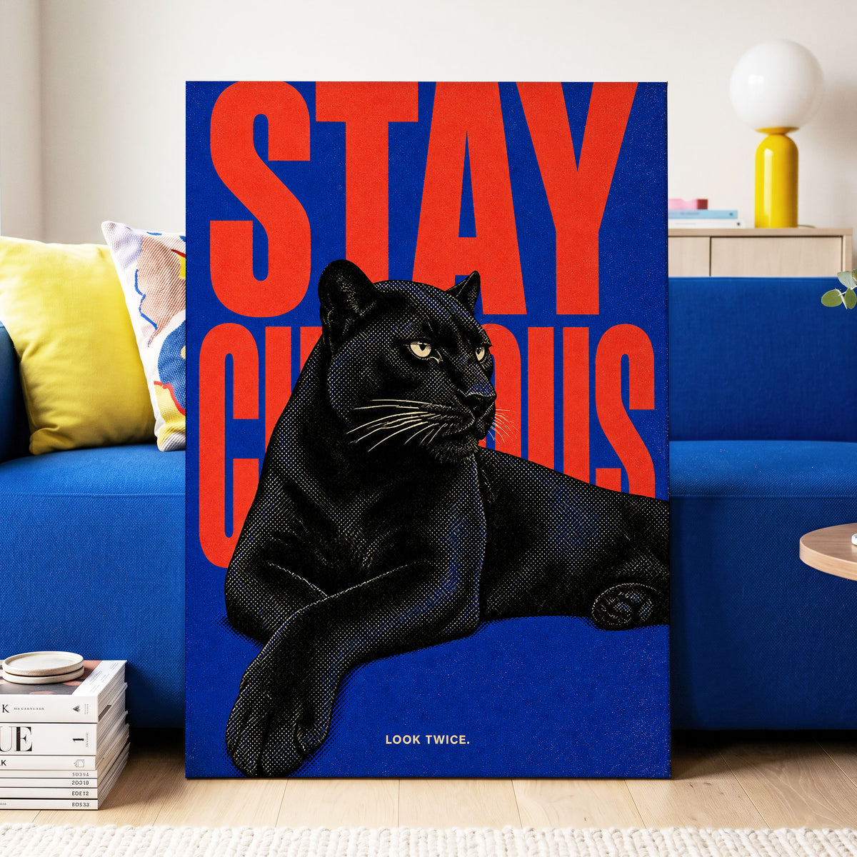 Midnight Curiosity, black, blue, orange nature wall art displayed in a styled interior, gallery view 3