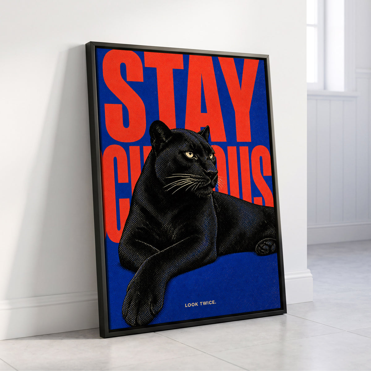 Midnight Curiosity, black, blue, orange nature wall art displayed in a styled interior, gallery view 4