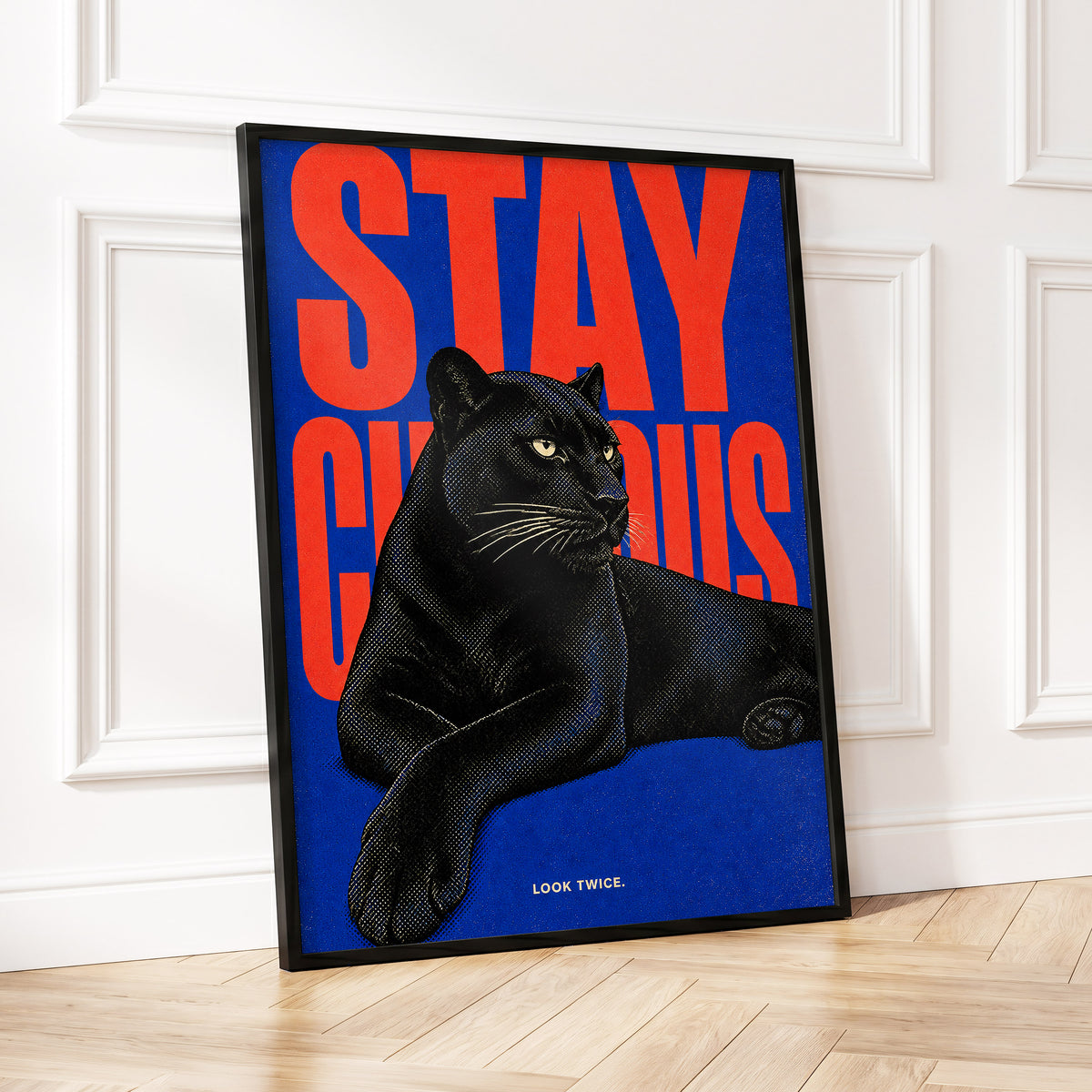 Midnight Curiosity, black, blue, orange nature wall art displayed in a styled interior, gallery view 6