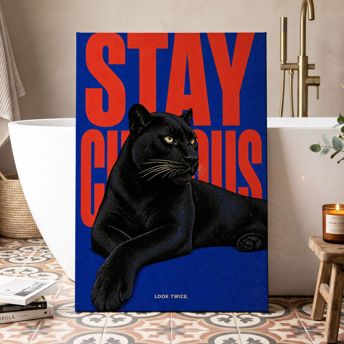 Midnight Curiosity, black, blue, orange nature wall art displayed in a styled interior, gallery view 7