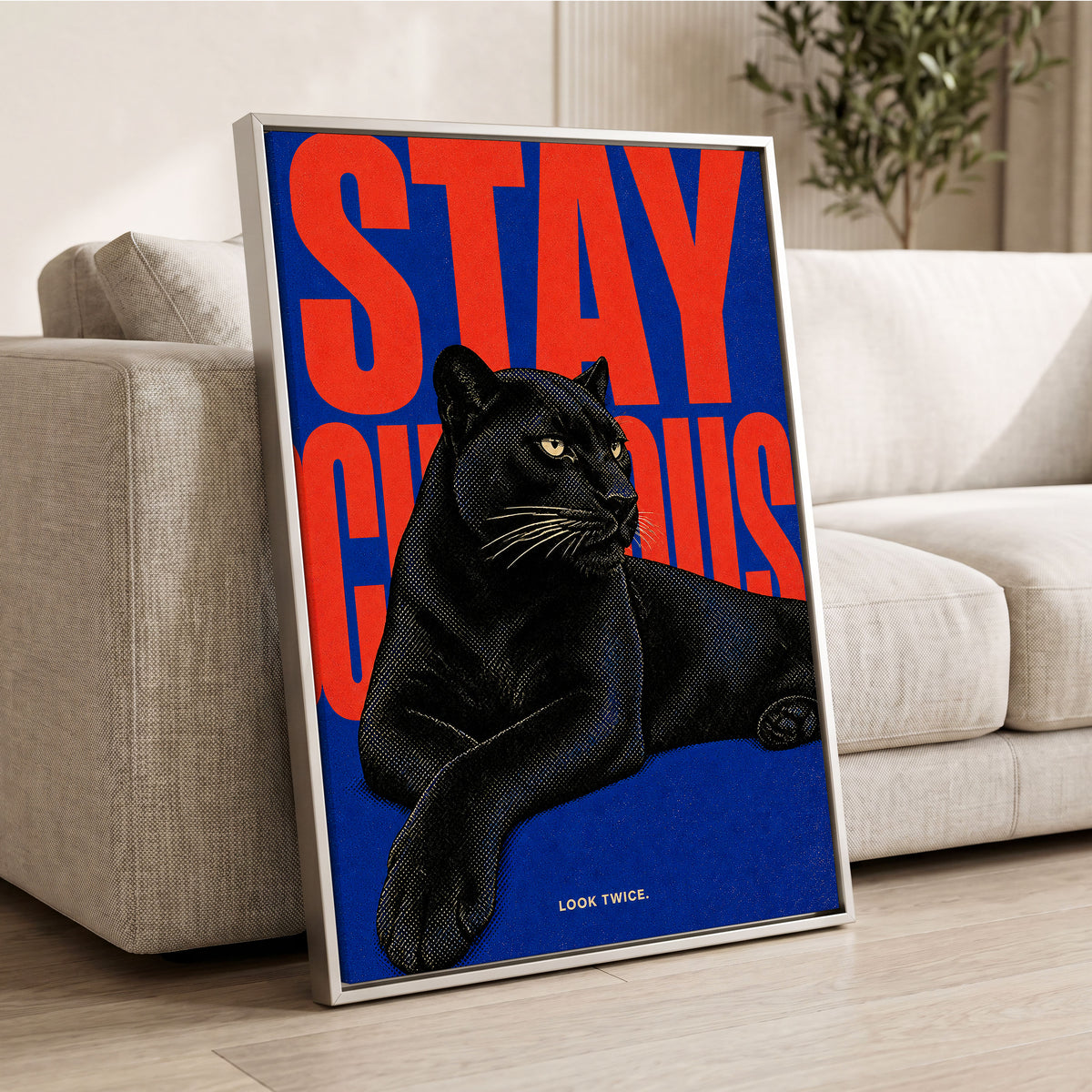 Midnight Curiosity, black, blue, orange nature wall art displayed in a styled interior, gallery view 8