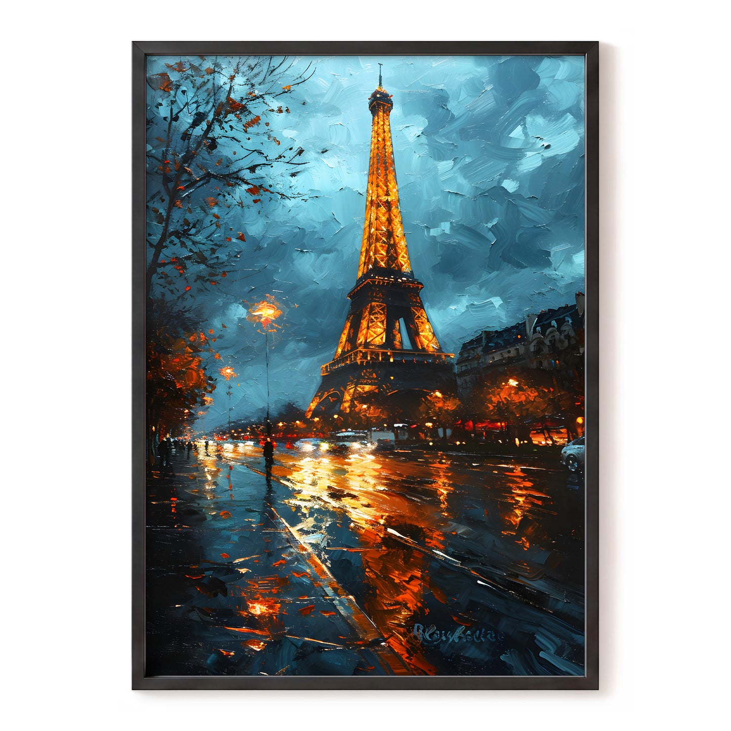 Midnight Eiffel Glow, blue, orange, black abstract wall art, front artwork view