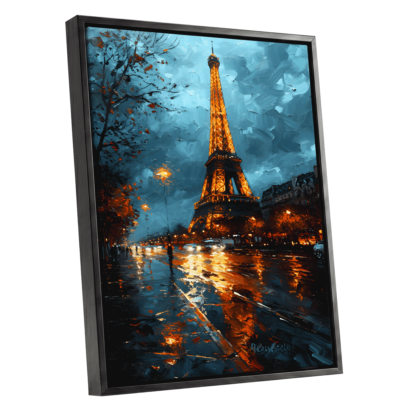 Midnight Eiffel Glow, blue, orange, black abstract wall art shown as a black framed canvas wall art