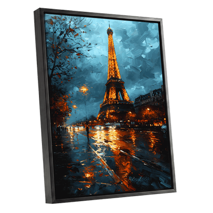 Midnight Eiffel Glow, blue, orange, black abstract wall art shown as a black framed canvas wall art