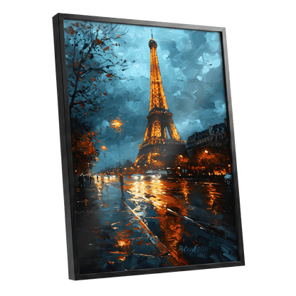 Midnight Eiffel Glow, blue, orange, black abstract wall art shown as a black framed poster wall art print