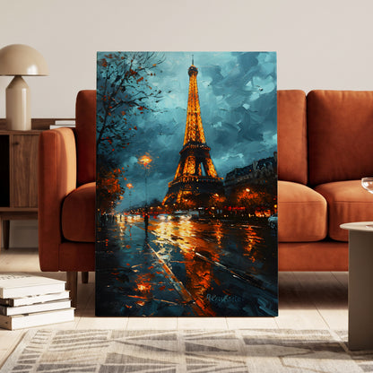 Midnight Eiffel Glow, blue, orange, black abstract wall art on canvas displayed in a styled interior, gallery view 1