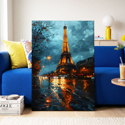 Midnight Eiffel Glow, blue, orange, black abstract wall art on canvas displayed in a styled interior, gallery view 2