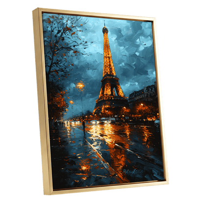 Midnight Eiffel Glow, blue, orange, black abstract wall art shown as a gold framed canvas wall art