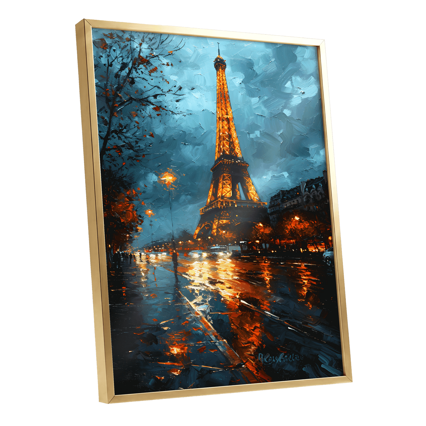 Midnight Eiffel Glow, blue, orange, black abstract wall art shown as a gold framed poster wall art print