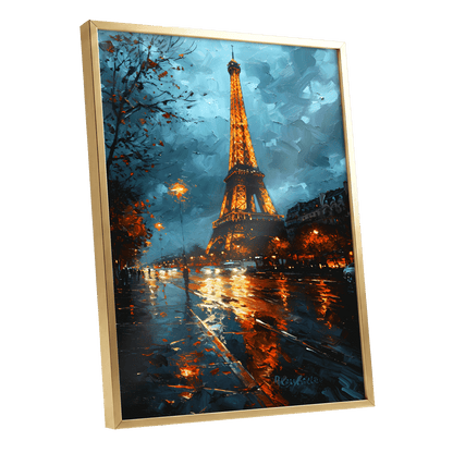 Midnight Eiffel Glow, blue, orange, black abstract wall art shown as a gold framed poster wall art print