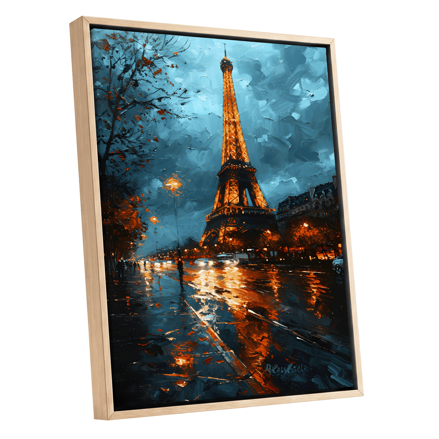 Midnight Eiffel Glow, blue, orange, black abstract wall art shown as a oak framed canvas wall art