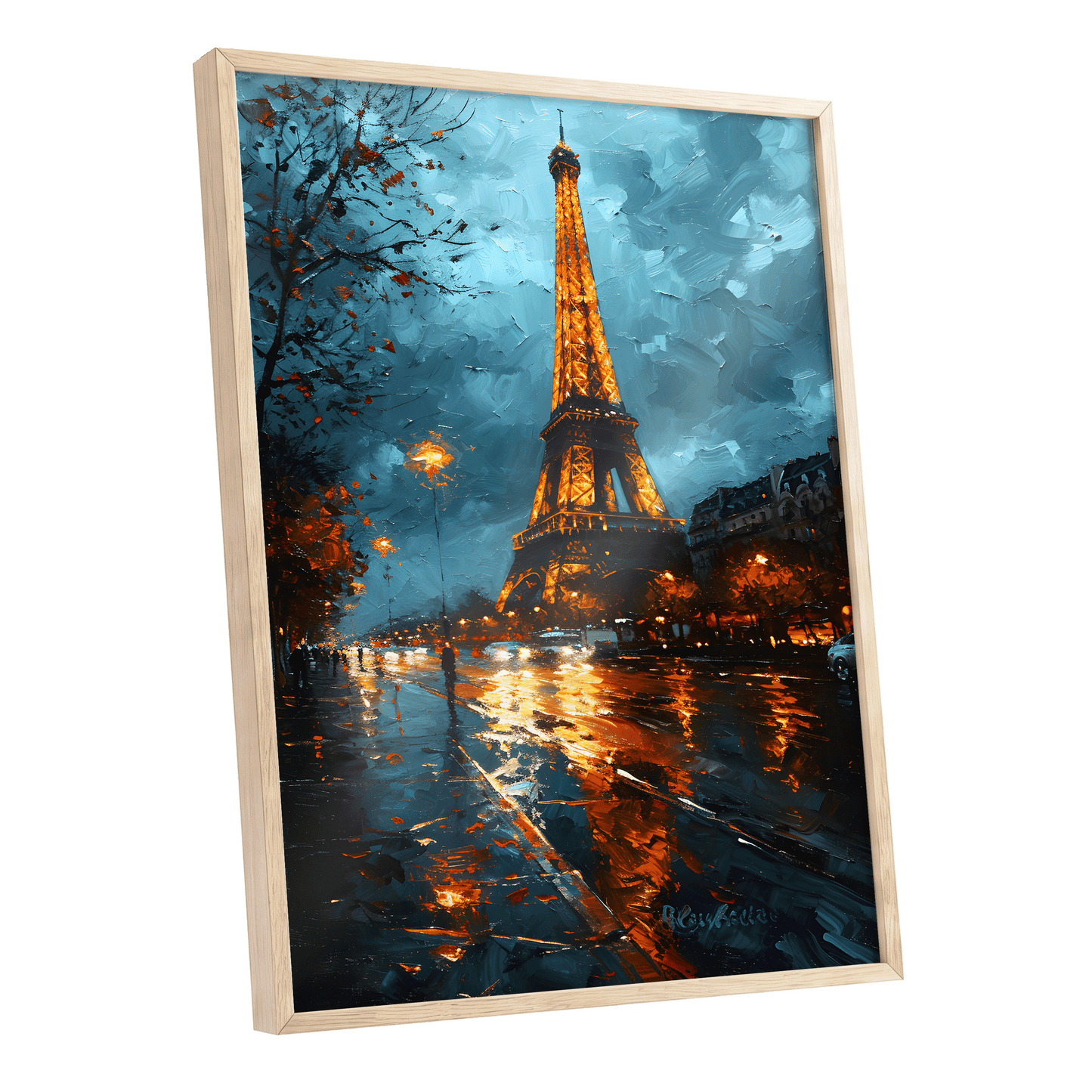 Midnight Eiffel Glow, blue, orange, black abstract wall art shown as a oak framed poster wall art print