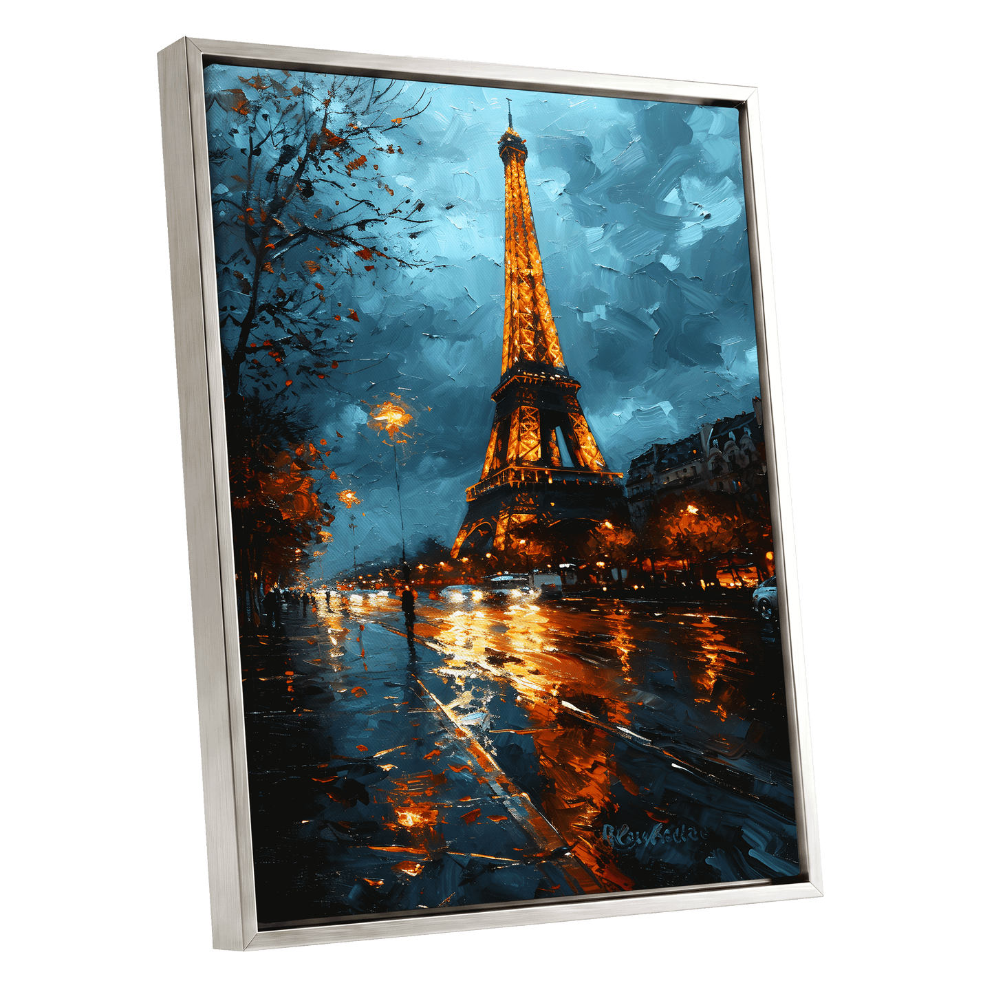 Midnight Eiffel Glow, blue, orange, black abstract wall art shown as a silver framed canvas wall art