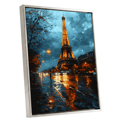 Midnight Eiffel Glow, blue, orange, black abstract wall art shown as a silver framed canvas wall art